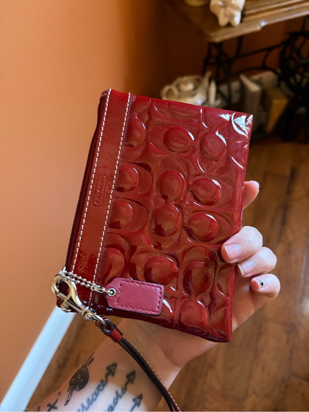 Coach Glossy Embossed Signature Wristlet in Deep Red